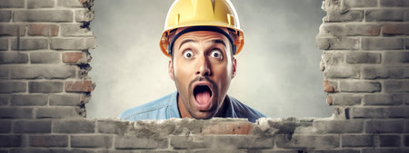 A shocked bricklayer peeks through a hole in the wall, his wide eyes and open mouth encapsulate his utter surprise at the unexpected scene before himの素材