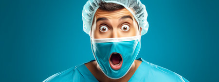 a surprised doctor in a mask with an expression of astonishment on his face, blue banner with copy spaceの素材