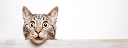 curious cat peeking over a surface, its wide eyes and open mouth portraying a look of surprise or astonishment, set against a clean white backgroundの素材