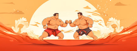 Two muscular sumo wrestlers face off under a massive sun, with dynamic waves of red symbolizing their fierce competitionの素材