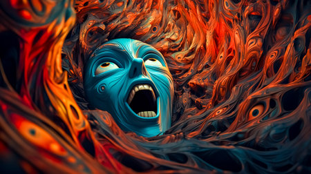 digital art piece featuring a face expressing terror or shock, surrounded by chaotic swirls and intense colorsの素材