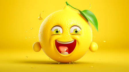 playful, anthropomorphized lemon character with a cheerful expression, complete with eyes, a mouth, and a tongue, against a vibrant yellow background with water droplets suggesting freshnessの素材