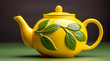 vibrant yellow teapot with a lemon design, complete with green leaf details, set against a dark background that complements its bright colorの素材