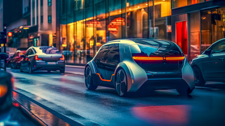 sleek autonomous car with a futuristic design smoothly navigating through the bustling city streets at twilight, its contour lighting glowing against the urban backdropの素材