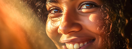 Close-up of a womans joyful face, her eyes sparkling with happiness in the golden sunlightの素材