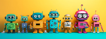A lineup of whimsical 3D robots in various colors standing against a vibrant yellow background, bannerの素材