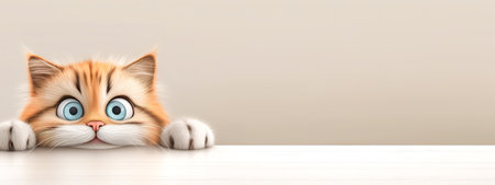 A photorealistic 3D caricature of an orange and white cat peeking over a surface with exaggerated blue eyesの素材