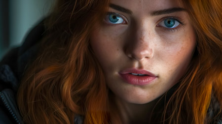 portrait of a person with an expressive gaze, featuring striking blue eyes, red hair, and a subtle expression, set against a blurred backgroundの素材