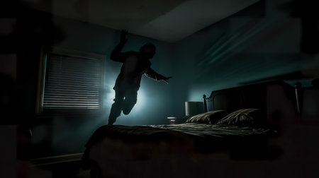 dark intense scene of a person seemingly suspended in the air above a bed, possibly in the throes of a nightmare, with beams of light coming through the window creating a dramatic and surreal effectの素材