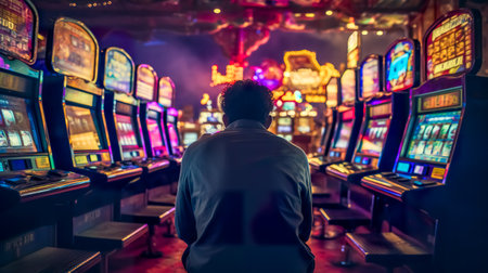 A lone gambler at slot machines in a vibrant casinoの素材