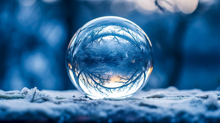 Crystal ball on snowy surface reflecting bare trees against twilight.の素材