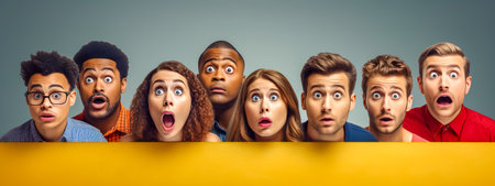 diverse group of individuals with expressions of shock and astonishment, wide eyes, and open mouths peeking over a yellow barrier, often used to depict surprise, curiosityの素材