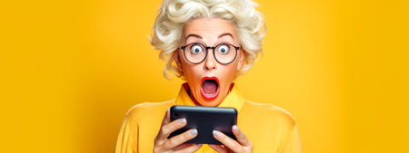 A shocked elderly lady with curly white hair, red-rimmed glasses, and a yellow sweater looks at her smartphone with an open mouth on a yellow backgroundの素材