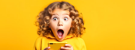 child girl with a surprised expression, holding a mobile phone, against a vibrant yellow background.の素材