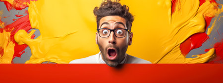 man with a surprised expression, popping up from the bottom with a background of vibrant yellow and red paint splashes.の素材