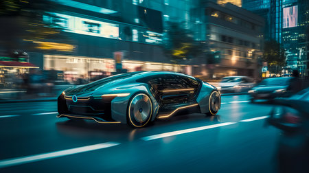 Futuristic car speeding through a cityscape at duskの素材
