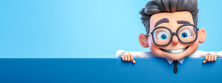 cheerful man with gray hair and glasses, peeking over a blue edge, exuding a friendly and inviting demeanor, perfect for a banner with space for text on the sideの素材
