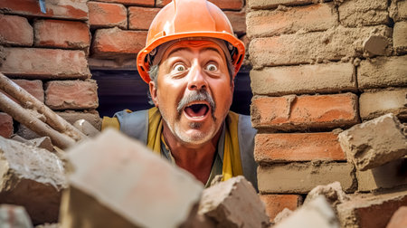 construction worker with a helmet, peering through a broken brick wall with a look of surprise, suggesting an unexpected find or incident at the construction siteの素材