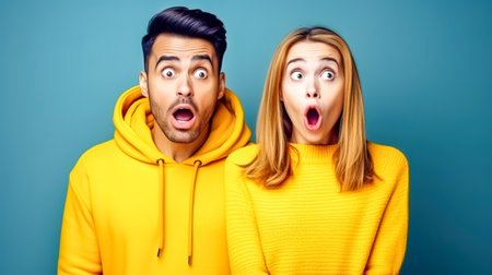 man and a woman in bright yellow attire, both with expressions of shock and surprise, against a teal background, conveying a vivid and emotive portraitの素材