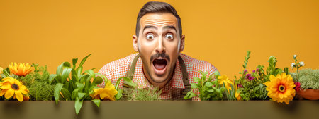gardener with a surprised expression, wide eyes, and an open mouth, standing amidst a lush garden with vibrant flowers and plants.の素材