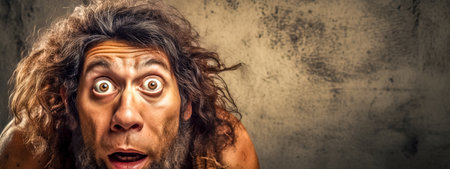 person with a wild, unkempt hairdo and a startled expression, featuring wide eyes and an open mouth, set against a textured, neutral background.の素材