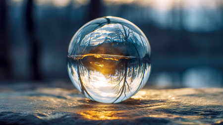 Crystal ball capturing the reflection of a sunset through winter trees.の素材