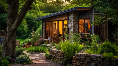 Small cozy cottage with a stone foundation and lush garden at duskの素材