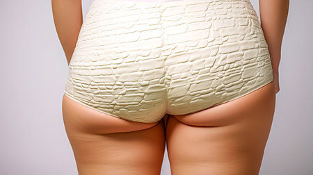 cellulite on human skin. visual representation of cellulite, which is a common, harmless skin condition that causes lumpy, dimpled flesh on the thighs, hips, buttocks, and abdomenの素材