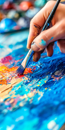 Artists hand painting vivid hues on canvas, a dance of red and blue under creative spellの素材