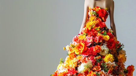 A stunning floral gown cascades in a vibrant bouquet of orange, red, and yellow blooms, artfully arranged to create a flowing silhouette, embodying a fusion of natures beauty with high fashion.の素材