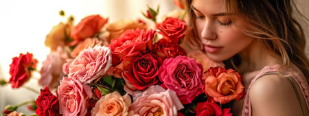 womens day, woman tenderly embracing a large bouquet of roses, with a close-up on the rich variety of red and pink blooms, conveying a sense of romance and beautyの素材