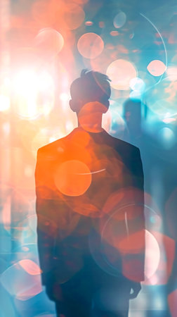 silhouette of a person set against a backdrop of radiant, multicolored bokeh lights, creating an abstract and inspirational mood with a focus on leadership and forward-thinkingの素材