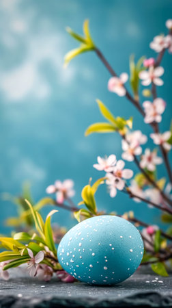 Easter egg in a shade of sky blue with delicate white speckles, set against a soft focus backdrop of spring blossoms, conveying a sense of freshness and the joy of the Easter seasonの素材