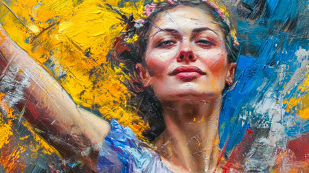 portrait of a woman gazing upwards, her pose suggesting hope or aspiration, set against a backdrop of peeling yellow and blue paint, possibly symbolizing the Ukrainian flag.の素材