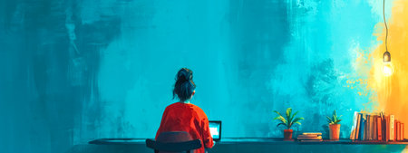 woman immersed in her work on a laptop at a minimalist desk setup, with a striking blue textured wall in the background, illuminated by a warm hanging light, creating atmosphere of focused creativityの素材