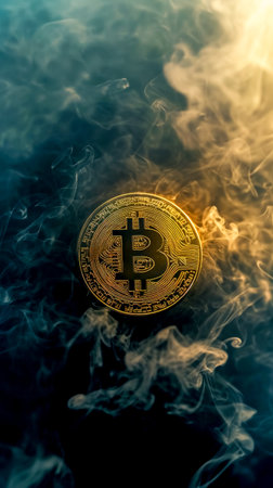 golden Bitcoin coin surrounded by ethereal smoke against a dark background, creating a mysterious volatility and intangible nature of cryptocurrency, banner with space for textの素材