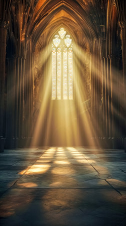 Sunlight streams through a churchs stained glass window, casting a divine glow across the stone floorの素材
