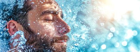 mans face partially submerged in water, with beads of water and bubbles scattered around, creating a dynamic and refreshing scene, illuminated by a bright light suggesting sunlightの素材