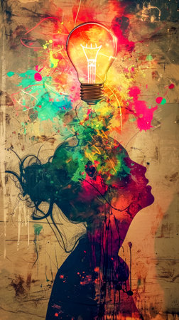 artistic silhouette of a human head with a bright lightbulb symbolizing an idea, surrounded by a splatter of vivid colors on a textured background, depicting innovation and creativity.の素材
