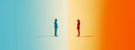 silhouettes of a man and a woman facing each other from opposite ends, representing communication, gender dynamics, or a metaphorical crossroadsの素材