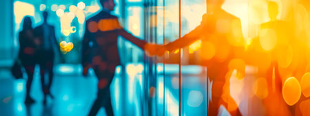 blurred photograph of two people shaking hands in a corporate environment, with a warm bokeh light effect that creates an atmosphere of partnership and successの素材