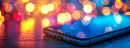 smartphone on a textured surface with a vivid display of bokeh lights in the background, symbolizing connectivity and modern communication.の素材