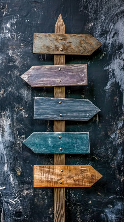Wooden directional sign with multiple arrows pointing in different directions on a grunge black background.の素材