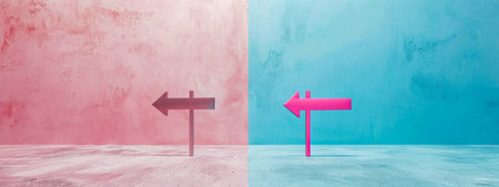 Pink and blue arrows on a wall. banner with copy spaceの素材