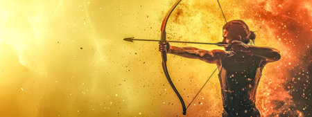 man drawing a bow, aiming an arrow amidst a fiery storm.の素材