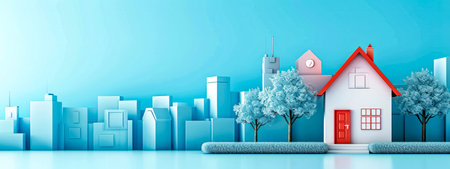residential area, featuring a prominent, charming house with a red roof and door that stands out against the uniform, monochromatic blue backdrop of abstract city structuresの素材