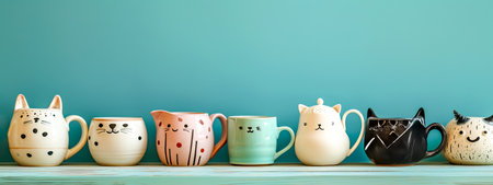 charming collection of cat-themed mugs and a teapot with playful designs, arranged in a row against a serene teal backgroundの素材