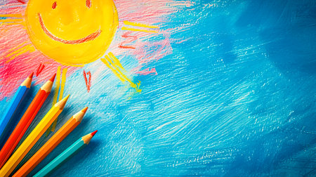 cheerful childs drawing of a bright yellow sun with a smiling face, surrounded by colorful crayon rays, alongside a set of vibrant colored pencils on a textured blue backgroundの素材