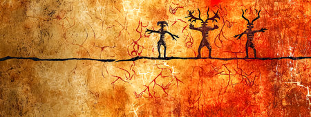 ancient cave art featuring silhouetted figures and symbols, capturing the essence of early human expression and mysticismの素材