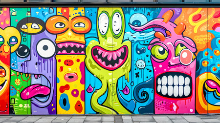 A vibrant and eclectic street art mural featuring a collage of cartoonish, colorful characters with exaggerated expressionsの素材